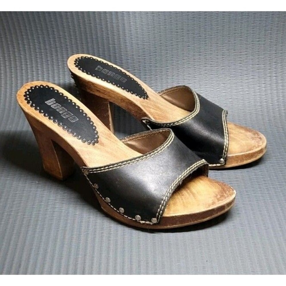 Vintage 90s Y2K BONGO Wooden Chunky Platform Sandals Shoes Women’s Black Leather